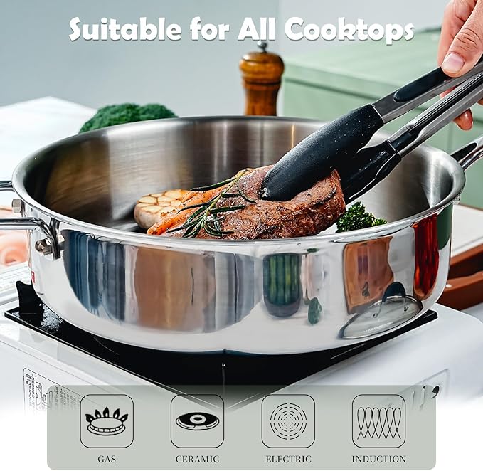 Tri-Ply Stainless Steel Saute Pan with Steamer, 5 Quart Deep Saut챕 Pan with Lid and Stay Cool Handle,11.5 Inch Frying Pan,Dishwasher and Oven Safe,Induction Stainless Steel Cookware