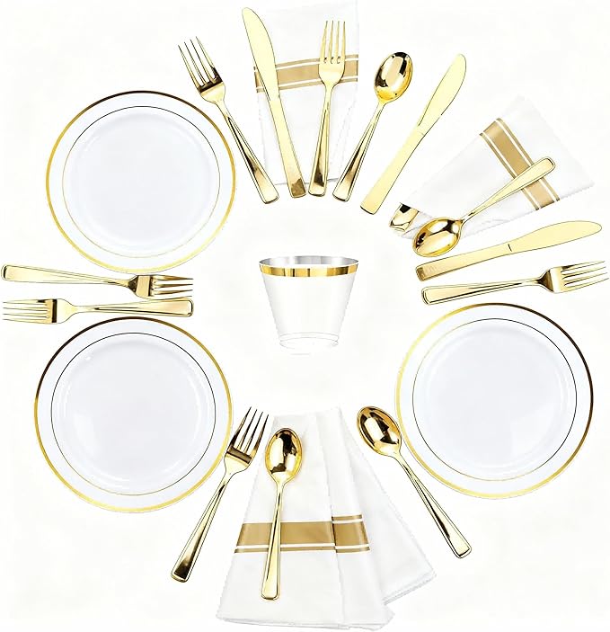 Elegant Wedding Disposable Plates Gold Dinnerware Sets for 25 or 50 Guests for Reception (350)