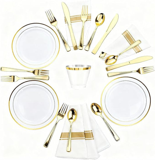 Elegant Wedding Disposable Plates Gold Dinnerware Sets for 25 or 50 Guests for Reception (350)