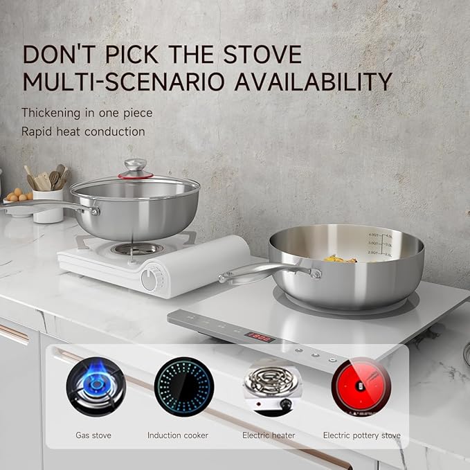 Tri-ply Stainless Steel Saute Pan 7.5-Quart with Clear Lid Deep Frying Pan for Chef's Cooking Wok Induction Oven Dishwasher Safe, Compatible with All Cooktops(Detachable Handle, 13Inch)