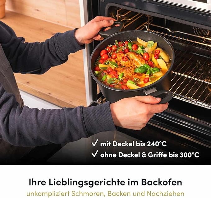 Hoffmann Stoniq Saucepan Hand-Cast Made in Germany, IQ-SHIELD Non-Stick Coating, PFAS-Free, Suitable for Induction Cookers, Casserole Pot, Cast Aluminium with Stainless Steel (with Lid,9.5"(121.7oz))