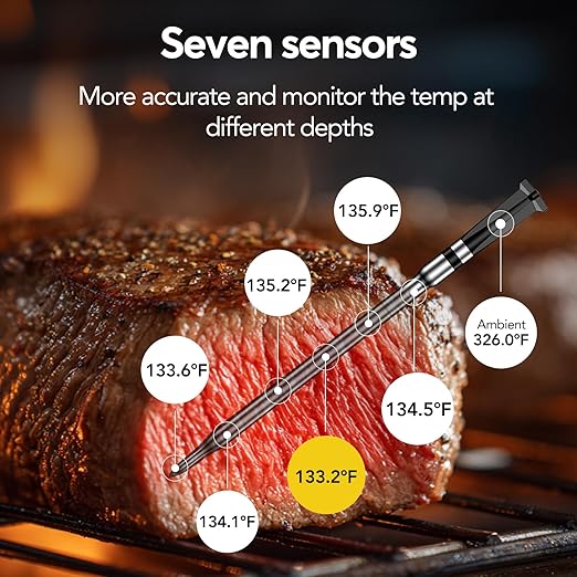 BBQOVN Smart Wireless Meat Thermometer,WiFi Unlimited Range Sub-1G (10X Stronger Than Bluetooth) 7 NIST-Certified Sensors 짹0.5째F Accuracy with Smart Base for BBQ, Grill, Smoker & Oven(1, Black)