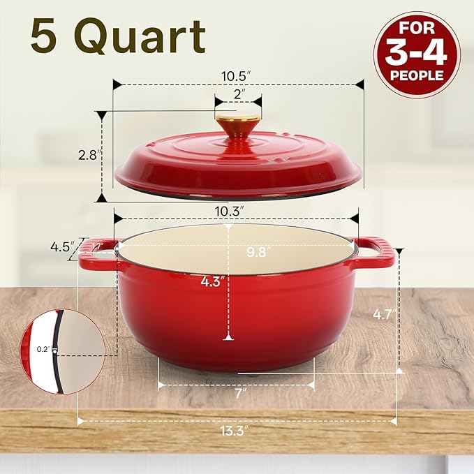 Bonnlo 5QT Round Dutch Oven, Enameled Cast Iron Dutch Oven Pot with Lid & Dual Handles, Oven Safe Up to 500째 F, for Sourdough, Bread Baking, Stews and Roasting, Red