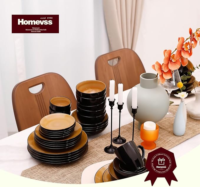 Stoneware Sonoma Dinnerware Set, Black + Speckled Spin Wash (56pc Set, Yellow)