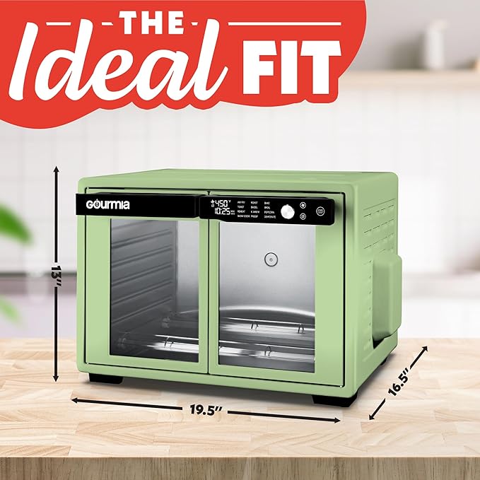 Gourmia French Door Air Fryer Oven - 37 Qt Large Capacity Convection Toaster Oven, FryForce 360°, Digital Display, 12 Cooking Presets, Dehydrate, Fits 13??Pizza, Dishwasher-Safe, Green