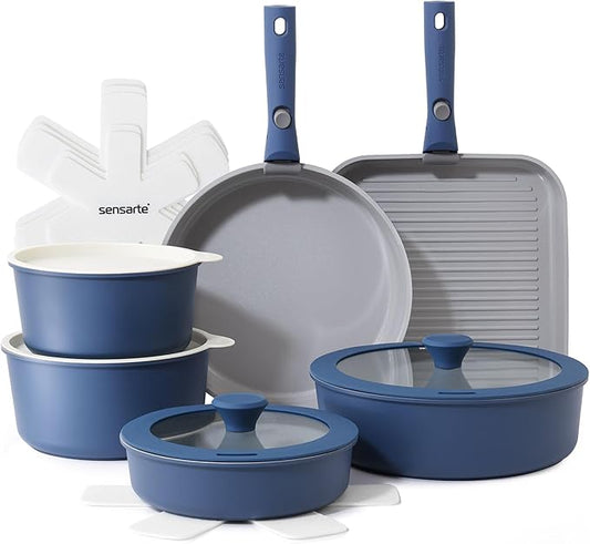 SENSARTE 17 Piece Ceramic Pots and Pans Set, Nonstick Detachable Handle Cookware, Induction Kitchen Cookware Set with Removable Handle, Dishwasher 竊?Oven Safe (Navy)