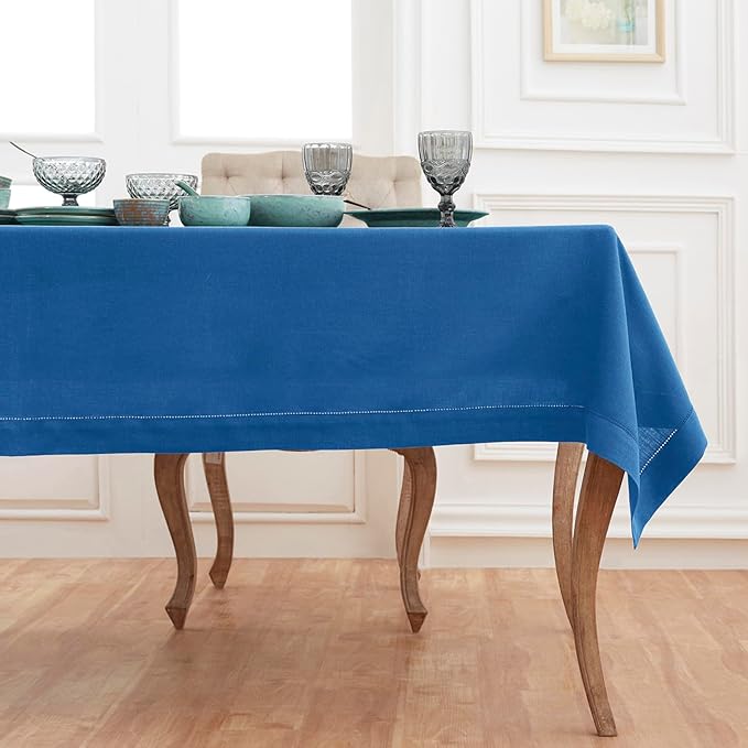 Solino Home Linen Indigo Blue Tablecloth 60 x 90 Inch - Classic Hemstitch, 100% Pure Linen Rectangular Tablecloth - Machine Washable Table Cloth for Winter, Spring, Easter