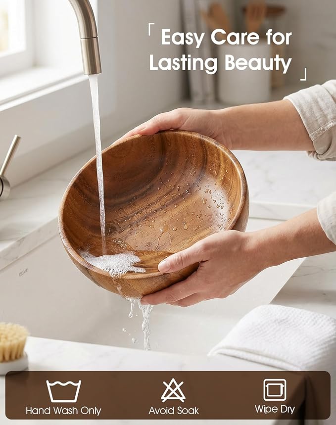 Acacia Wood Salad Bowl Set, 3-Piece Natural Solid Wood Serving Bowls, Handcrafted & Hand-Polished, Wooden Salad Bowls for Kitchen & Dining for Pasta, Yogurt, Fruit, Snacks & Gift Giving