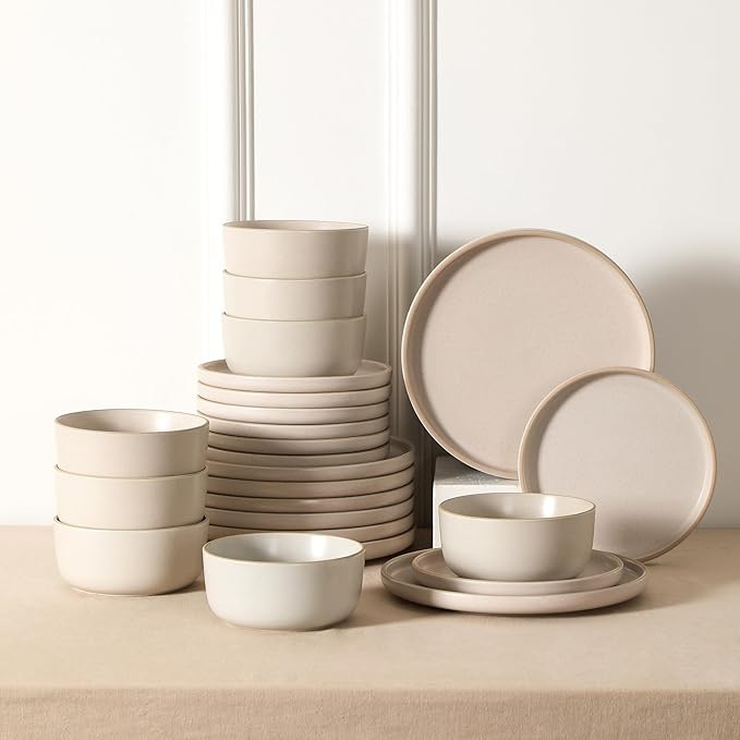 Earth & Clay Amber 24-Piece Dinnerware Set Stoneware, Dishwasher and Microwave Safe Plates and Bowls Set, Dish Set for 8, White Speckled