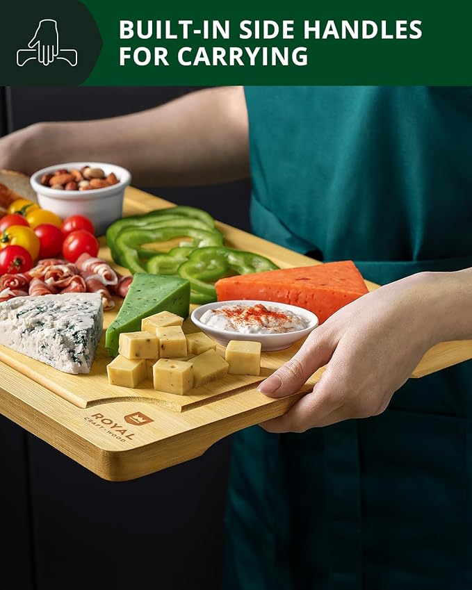 ROYAL CRAFT WOOD Premium Cutting Boards for Kitchen Meal Prep & Serving - Bamboo Wooden Serving Board Set with Deep Juice Groove Side Handles - Charcuterie & Chopping Butcher Block for Meat