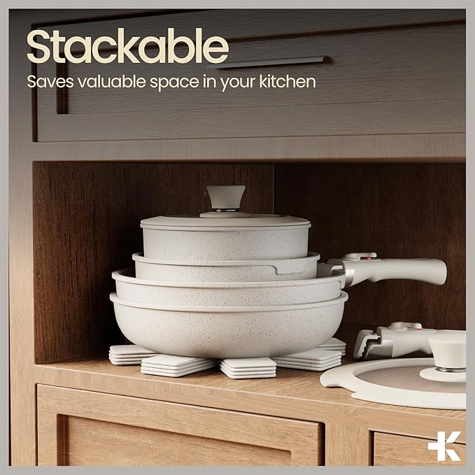 Pots & Pans Set Non Stick Ceramic-Granite ??14-Piece Cookware with Detachable Handles, Stackable Space-Saving, Dishwasher Safe, Stain-resistant, Oven & All-Stove Safe, Tempered Glass Lids, White Cream