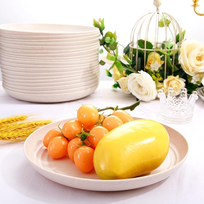 LIYH 20 Pcs Wheat Straw Plates - 9 Inch Unbreakable Dinner Plates - Dishwasher Safe Plastic Plate Reusable - Lightweight Plate for Kitchen Camping (Beige)