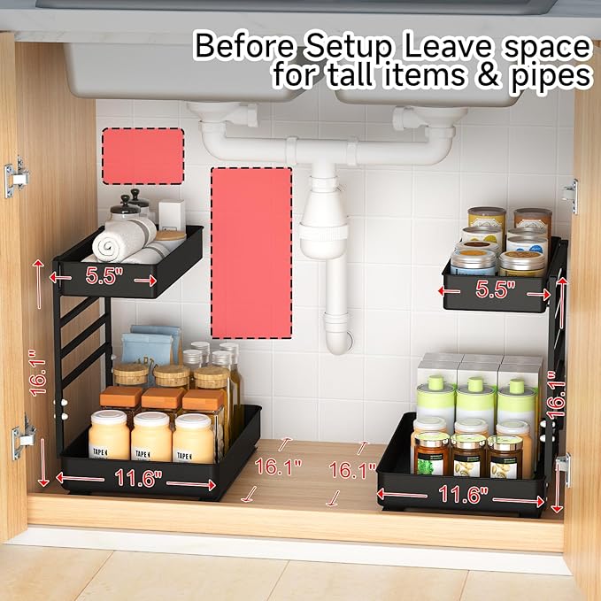 EVERIE Height Adjustable 2 Tier Metal Pull Out Slide Shelf Organizer for Under Sink Cabinets in Kitchen, Bathroom, with Snap-on Top Tray, 16" Deep (Black, 2 Sets) | Pull Out, Slide Shelf