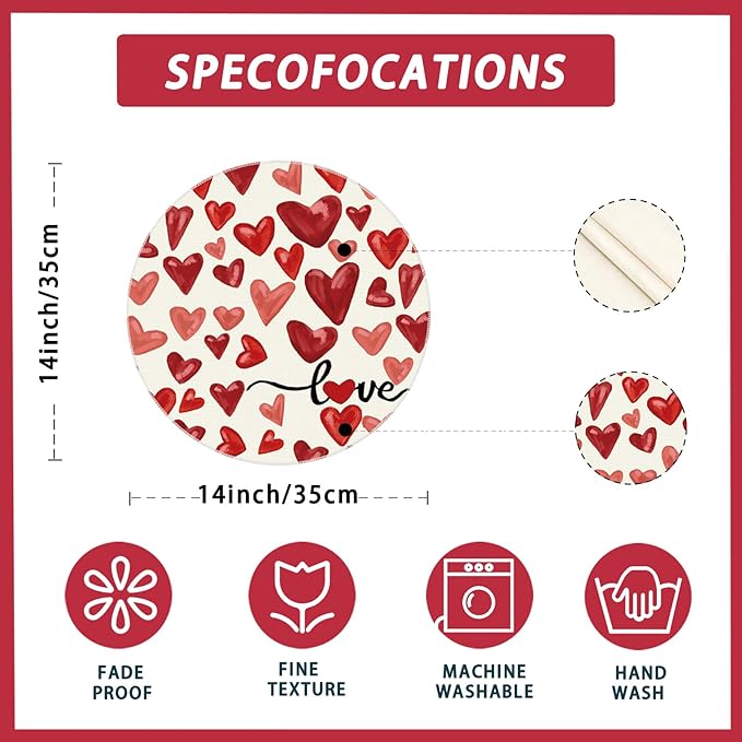 XCHI Watercolor Red Love Hearts Valentine?셲 Day Round Placemats Set of 4 Table Mats for Party Home Kitchen Dining Table Decorations 14x14 Inch