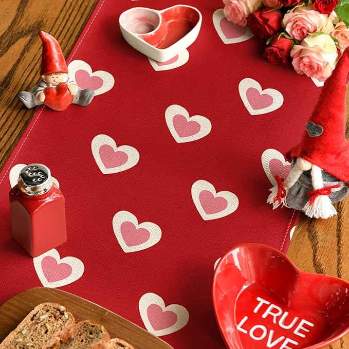 Artoid Mode Red Love Hearts Table Runner, Wedding Kitchen Dining Table Decoration for Home Party Decor 13x60 Inch