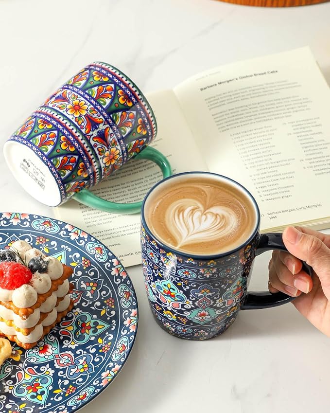 glowworm 16 oz Coffee Mugs Set of 4, Large Ceramic Coffee Cups, Colorful Mugs Set with Handles for Latte, Hot Cocoa, Tea, Housewarming Gift, Dishwasher & Microwave Safe, Bohemian