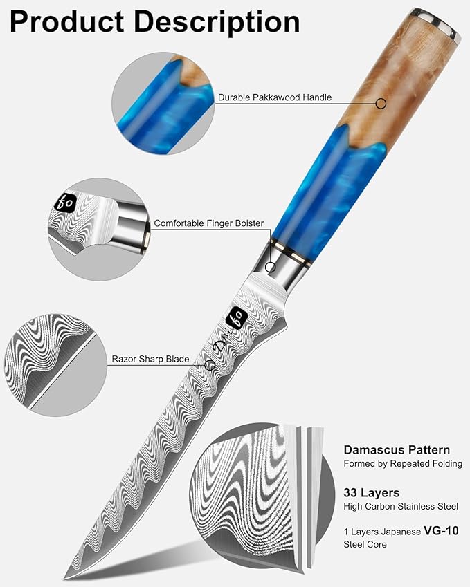 Damascus Boning Knife 6 Inch,VG10 Core Steel with 66-Layers High Carbon,Professional Boning Knives for Meat Poultry Chicken,Blue Resin & Wood Handle,Ideal Gift for Chefs and Cooking Lovers