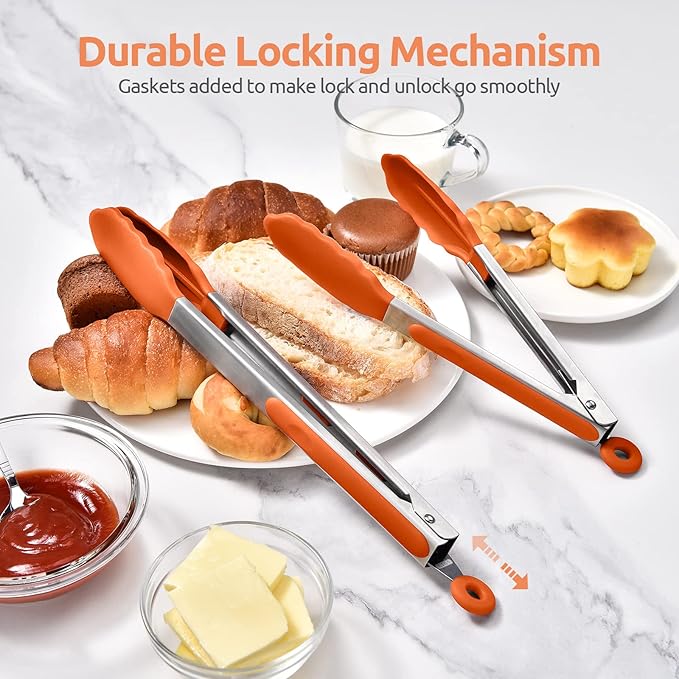 600쨘F Heat Resistant Kitchen Tongs: U-Taste 9+12 inch Silicone Cooking Tong Set with Firm Sealed Non Stick Rubber Tips and Silicon Coated 18/8 Stainless Steel Handle for Serving Grilling Salad(Orange)