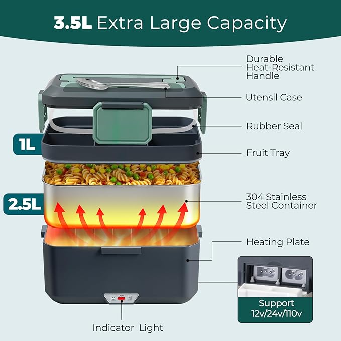 Vidaskeci Electric Lunch Box for Adultss 90W 3.5L 2-Layer Portable Heated Lunch Box for 12V/24V/110V with 2.5L Removable 304Stainless Steel Container Electric heating lunch box竊똦ome/Car/Office/Truck