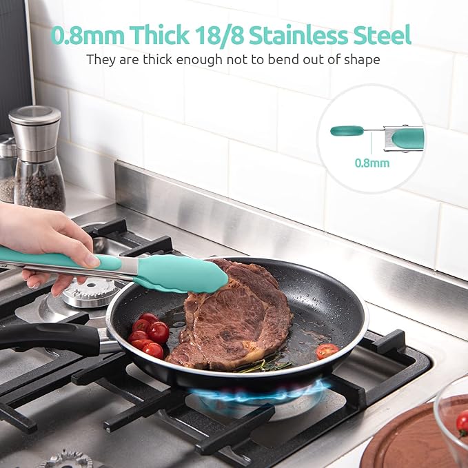 600쨘F Heat Resistant Kitchen Tongs: U-Taste 9 inch Silicone Cooking Tong with Firm Sealed Non Stick Rubber Tips & Silicon Coated 18/8 Stainless Steel Handle & Smooth Locking for Serving Salad-Aqua Sky