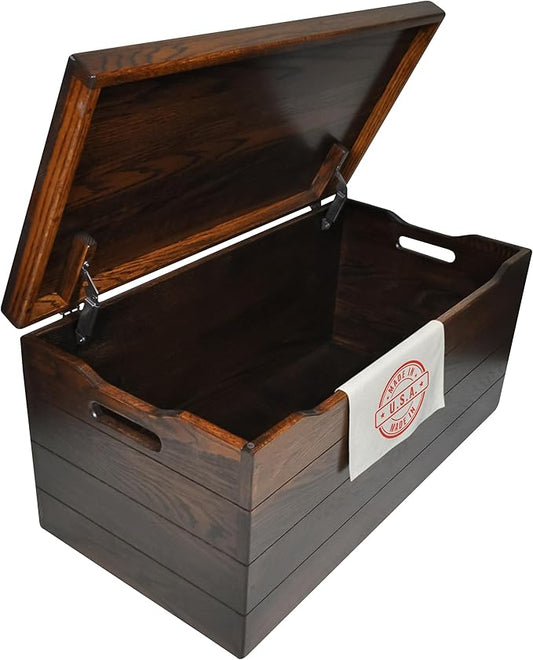 Hope Woodworking Amish Made Wooden Storage Chest Trunk Box with Lid and Handles for Bedroolanket, Clothes, Anti-Slam Hinges, Handmade, Rustic, Oak Wood, Asbury Stain, 42"