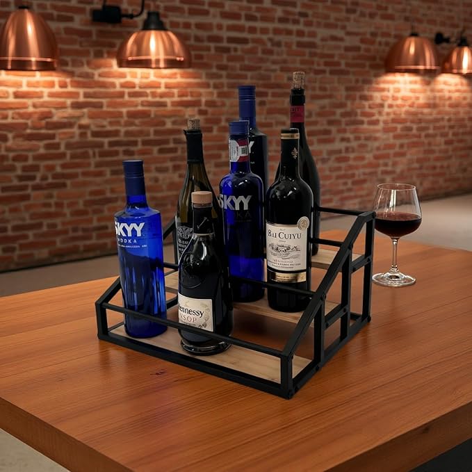 AT-VALY 3-Tier Liquor Bottle Display Shelf, Iron&Bamboo Countertop Wine Rack, Liquor Cabinet for Home Decor, Mini Bar (Black)