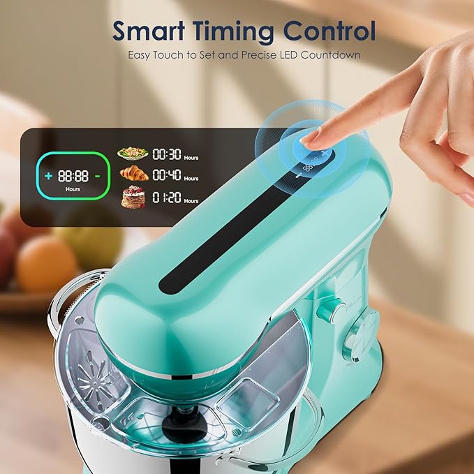 6QT & 5QT Dual Bowls Stand Mixer, 10-Speed Tilt-Head Food Mixer with Electronic Timer for 4 to 6 family, Dough Mixer with Stainless Steel Bowls, Dough Hook, Flat Beater, Whisk included,Blue