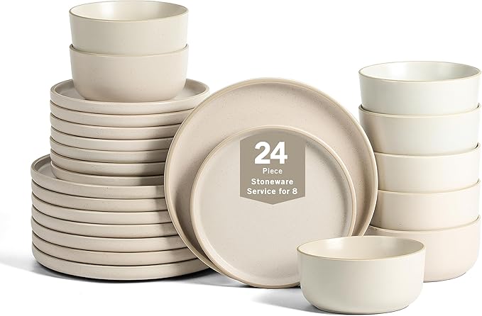 Earth & Clay Amber 24-Piece Dinnerware Set Stoneware, Dishwasher and Microwave Safe Plates and Bowls Set, Dish Set for 8, White Speckled