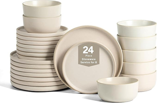 Earth & Clay Amber 24-Piece Dinnerware Set Stoneware, Dishwasher and Microwave Safe Plates and Bowls Set, Dish Set for 8, White Speckled