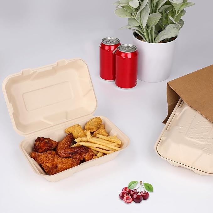 Aricsen Compostable 100 Pack 9x6 Inch Takeout Lunch Box Containers with Lid To Go Take Out Clamshell for Food, Disposable Eco-Friendly Biodegradable Bagasse, PFAS-Free, Brown