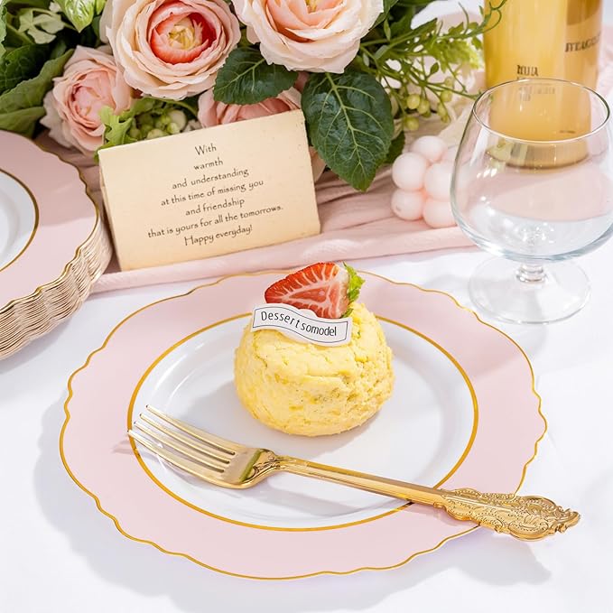 WDF 60pcs Pink Dessert Plates - 7.5inch Baroque Pink &White Disposable Dessert/Appetizer Small Cute Cake Plates for Upscale Parties &Wedding-Special for Bridal Shower, Brithday, Valentine's Day
