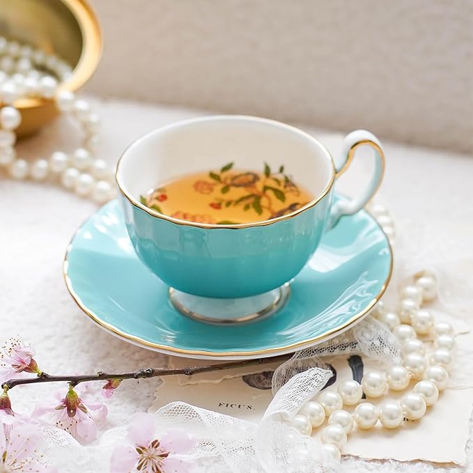 Aynsley Pembroke Glaze Oban 2-Piece Fine Bone China Teacup & Saucer - 6oz (180ml), Handpainted Floral with Gold Trim - Vintage Gift Set-Turq
