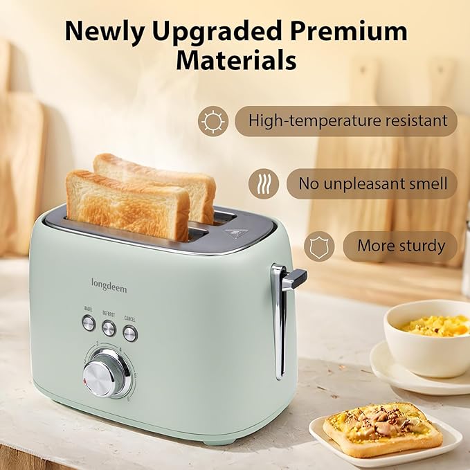 2 Slice Toaster - Stainless Steel, 1.5" Extra Wide Slots, 6 Browning Settings, Bagel/Defrost/Cancel Modes, Green