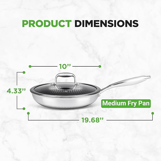 NutriChef 10??Non-Stick Stainless Steel Frying Pan with Lid, Triply Stainless Steel Cookware, Etched Non-Stick Coating, Oven & Induction Safe, Premium Stainless Steel Frying Pan, PFOA/PFOS Free