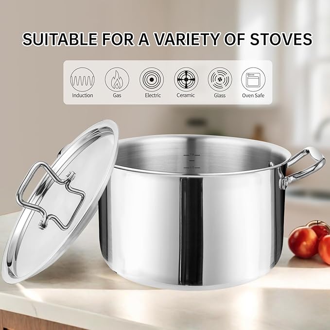 Whole-Clad Tri-Ply Stainless Steel Stockpot with Lid, 8 Quart Large Cooking Pot All Stove Compatible Up to 600?? 18/8 Stainless Steel Kitchen Induction Ready Cookware