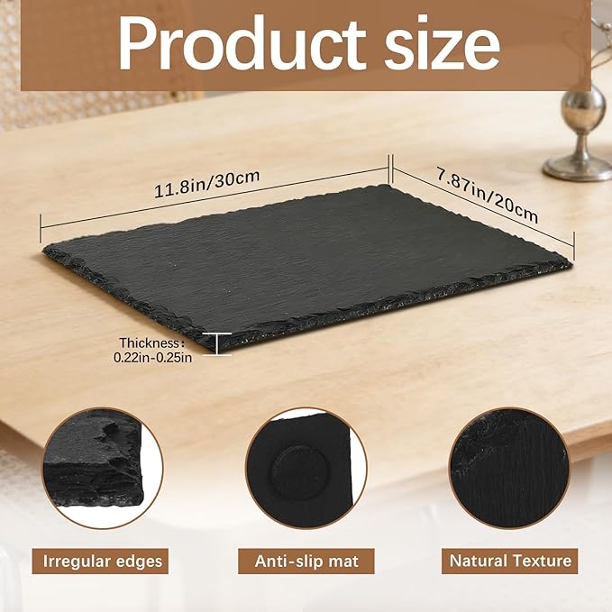 6PCS 12 inch*8 inch Cheese Boards Black Slate Charcuterie Boards,Slate for Laser Engraving Natural Food Contact Safe Stone,Suitable for Gourmet Platter of Meat, Fruit, Party, Appetizers