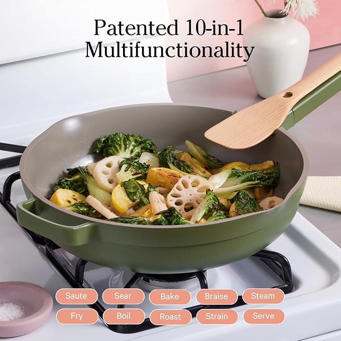 Our Place Large Always Pan | 12.5" Ceramic Pan with Modular Lid & Beechwood Spatula | Patented 10-in-1 Nonstick, Non-Toxic Cookware Made Without PFAS | Induction & Oven-Safe up to 450째F | Sage