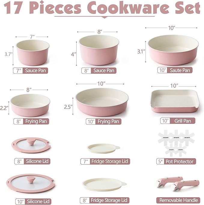 SENSARTE 17 Piece Ceramic Pots and Pans Set, Nonstick Detachable Handle Cookware, Induction Kitchen Cookware Set with Removable Handle, Dishwasher 竊?Oven Safe (Pink)