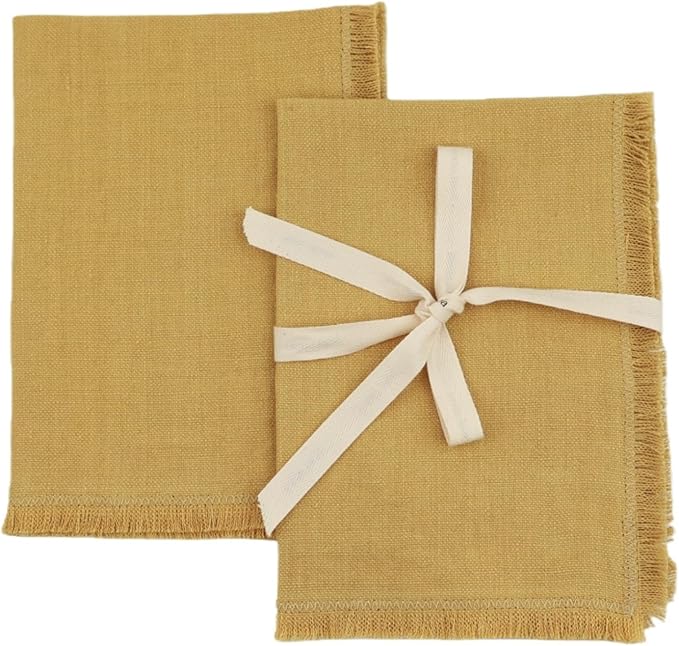 Noalumea 100% Linen Placemats Set of 4 ??Thick Mustard Yellow Table Mats with Hand-Frayed Edges, Machine Washable, Elegant Dining Table Decor for Everyday Meals & Holiday Gatherings, 14 x 19 Inch