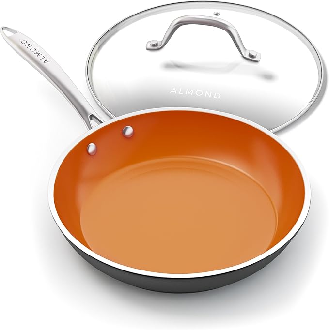 Nonstick Ceramic Copper Frying Pan: Non Stick Skillet with Glass Lid - Round Aluminum Saute Pan For Gas, Electric and Induction Cooktops - 10 Inches