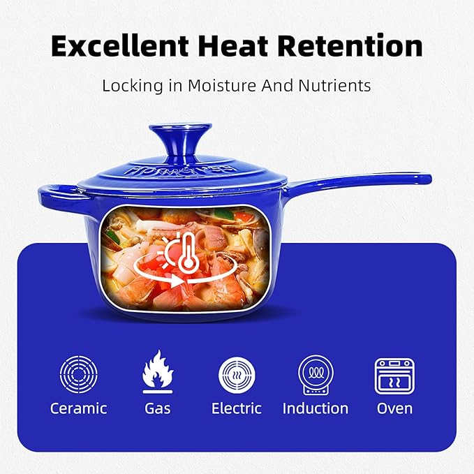 1.75QT Enameled Cast Iron Sauce Pan, Enameled Saucepan with Lid, Small Dutch Oven Cooking Kitchen Pot, Nonstick & Heavy Duty for Cooking Pasta Sauce, Gravy, Puddings, Marinate, Boiling - Blue