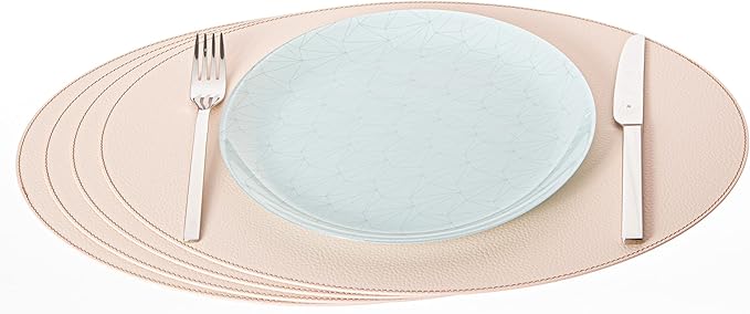 Nikalaz Oval Placemats Set (Pack of 4) Recycled Leather Table Mats 18 x 13 inches (45.7 x 33 Centimeters), Kitchen Dining Table D챕cor by Nikalaz (Beige - Creamy White)