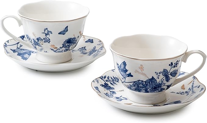 Tea Cup Set of 2, Coffee Cups with Saucers 7 Oz (200ml) Vintage Floral Porcelain with Gold Trim Teacups, Cappuccino Cup, Latte Mugs for Mother's Day, Party, Birthday Gifts