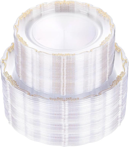 U-QE 100PCS Clear Gold Plastic Plates - Disposable Heavy Duty Clear Plates with Gold Rim Including 50PCS 10'' Dinner Plates & 50PCS 7.5'' Dessert Plates Perfect for Party, Weddings