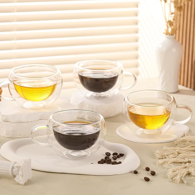 Double Wall Insulated Glass Tea Cups Set of 4, Clear Borosilicate Glass Espresso Shot Cups for Espresso Machine, Teacups Coffee Mugs with Handle for Cappuccino Latte, 7OZ/200ML