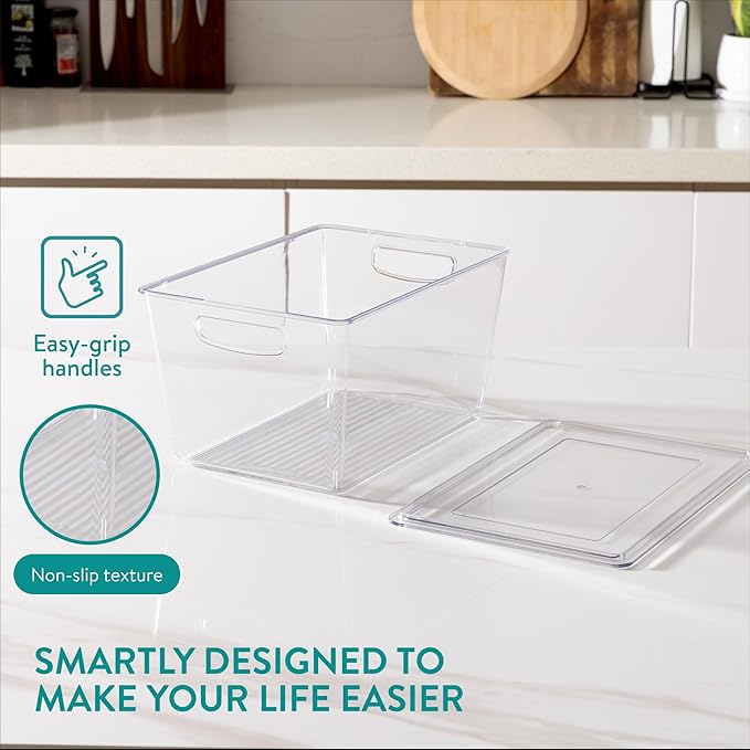 Navaris Fridge Storage Containers with Lids - Stackable Space-Saving Organizers - Large Capacity for Kitchen Pantry Organization - Set of 6 (1.7QT/3QT/4.9QT - 1.65L/2.85L/4.6L)