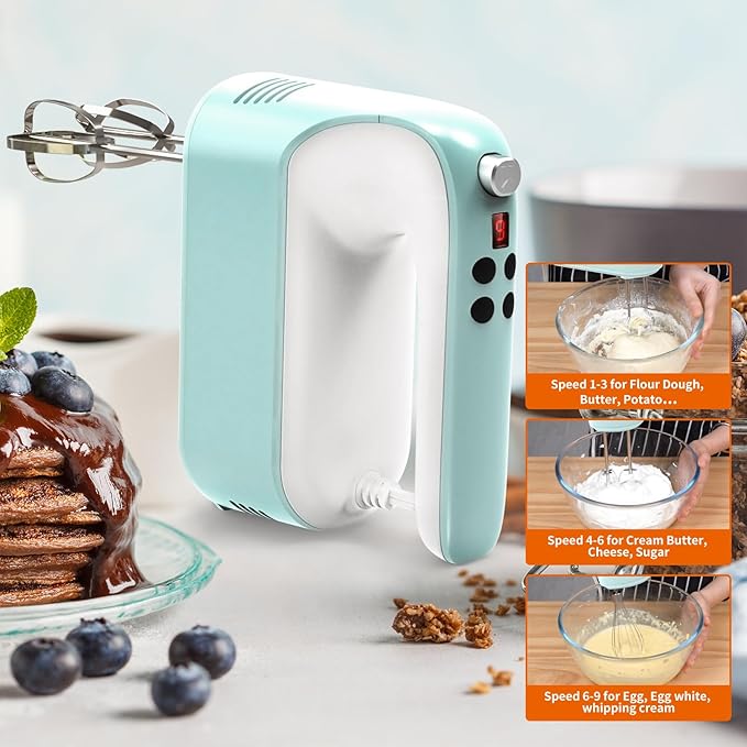 9-Speed Digital Hand Mixer Electric, 400W Powerful DC Motor, Baking Handheld with Snap-On Storage Case, 5 Stainless Steel Accessories, Flat Beaters, Dough Hooks, Whisk(Ice Blue/White)
