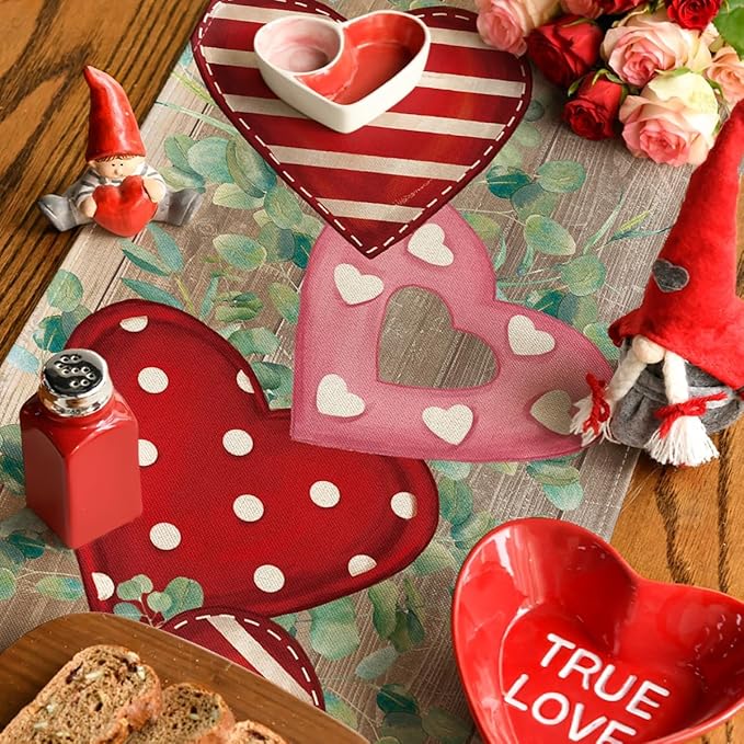 Artoid Mode Wood Love Hearts Valentine's Table Runner, Anniversary HoliKitchen Dining Table Decoration for Home Party Decor 13x72 Inch