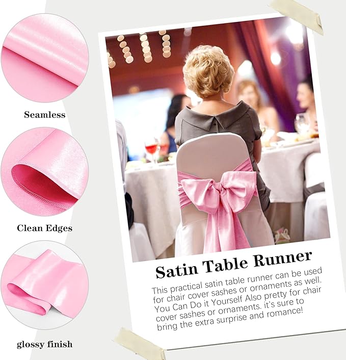 Yblut 10 Pack Satin Table Runner 12 x 108 Inch Long Pink Silk Table Runner for Wedding Party Banquet Birthday Decoration