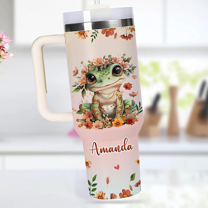 AGGLOMEKC Personalized Cute Frog Cup - Mother's Day Birthday Gift For Animal Lovers - Just A Girl Who Loves Frog Tumbler 40oz With Custom Name - Pet Lover Gifts For Women, Her
